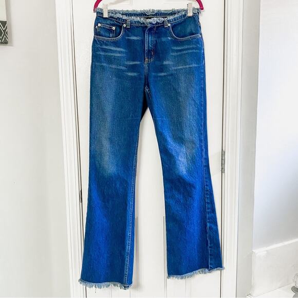 EXPRESS • Y2K Raw Hem Frayed Waistline + Bottom Flare Denim Blue Jeans - Picture 1 of 9